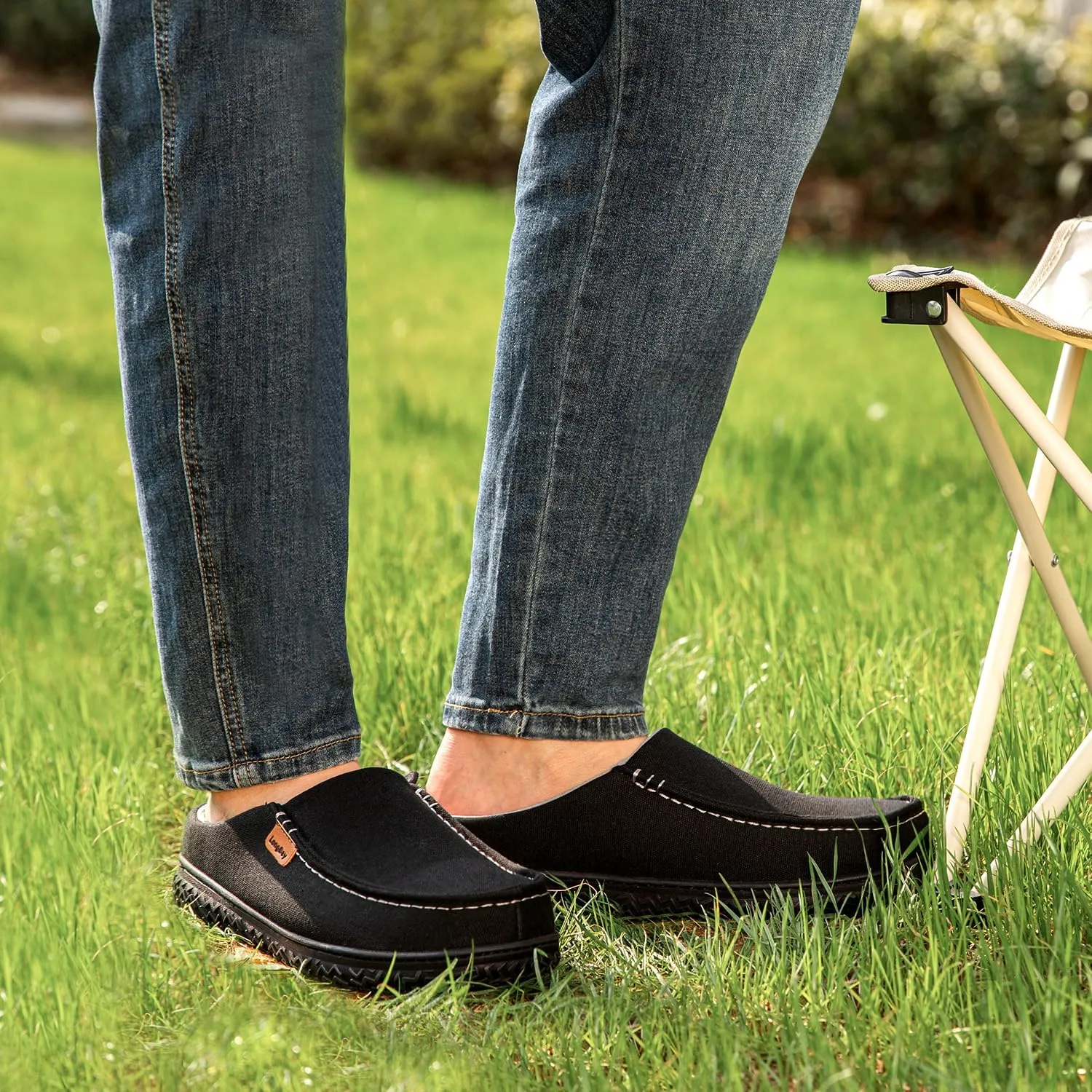 LongBay Men's Canvas Moccasin Slippers Slip on Memory Foam Clog House Shoes for Indoor Outdoor