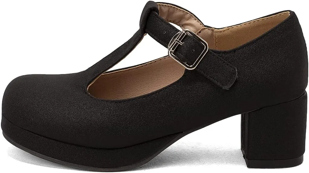 Low Chunky Heels for Women's T-Strap Round Toe Solid Mary Janes Pumps Wedding Dress Pumps