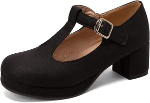 Low Chunky Heels for Women's T-Strap Round Toe Solid Mary Janes Pumps Wedding Dress Pumps