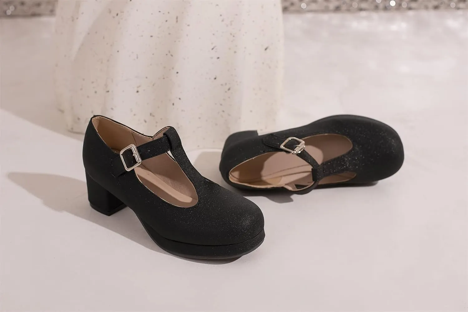 Low Chunky Heels for Women's T-Strap Round Toe Solid Mary Janes Pumps Wedding Dress Pumps