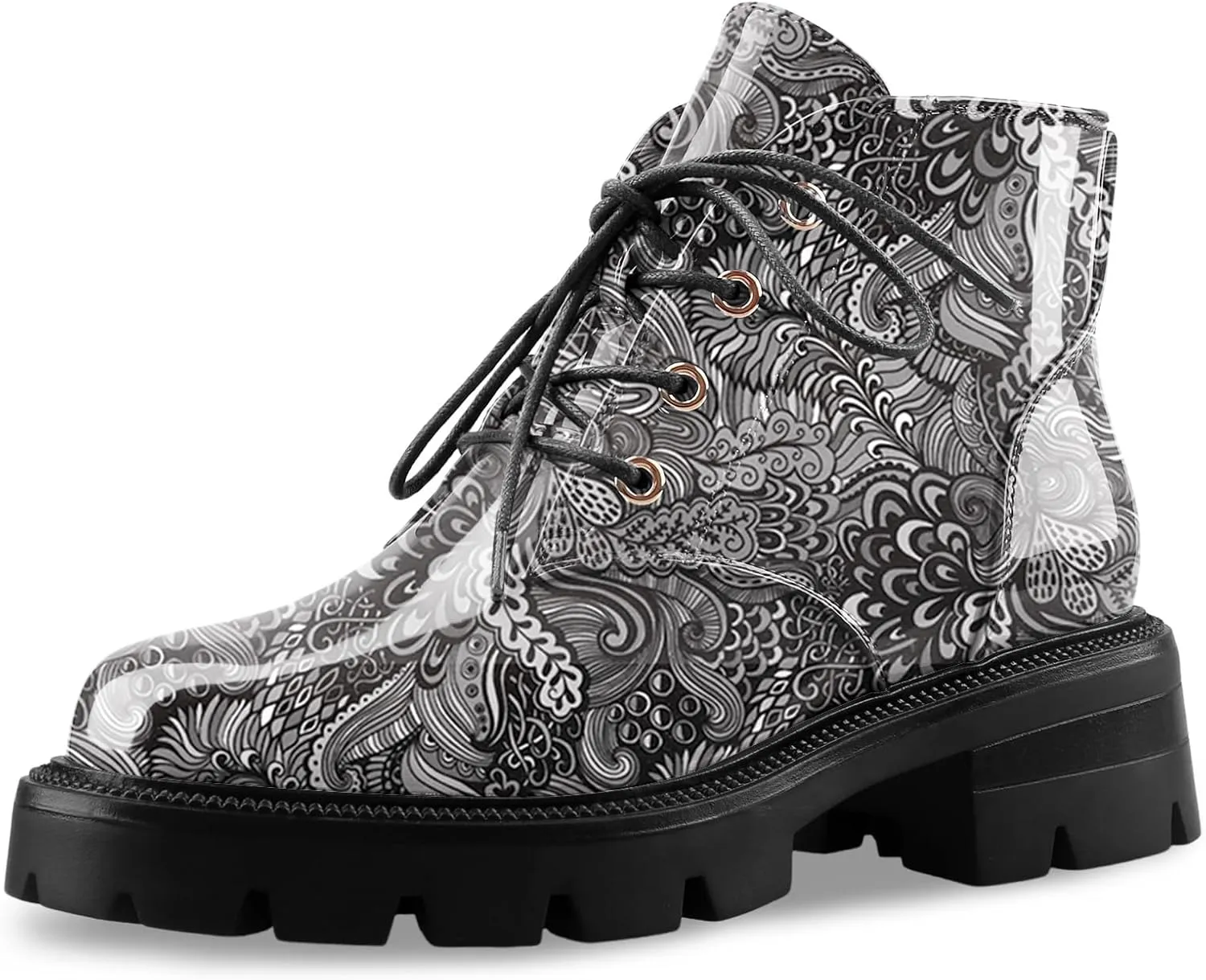 Lug Sole Chunky Heel Short Combat Boots Fashion Ankle Booties Low Heeled Platform Black Oxford Shoes with Side Zipper and Lace Up for Women Ladies Cute