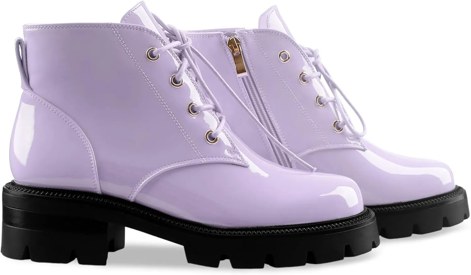 Lug Sole Chunky Heel Short Combat Boots Fashion Ankle Booties Low Heeled Platform Black Oxford Shoes with Side Zipper and Lace Up for Women Ladies Cute