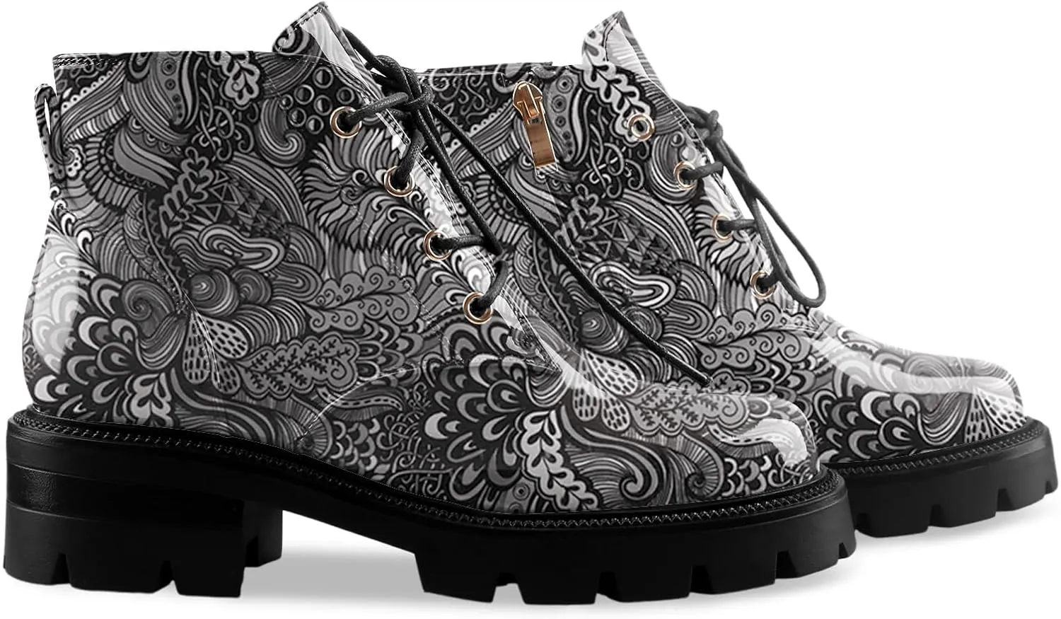 Lug Sole Chunky Heel Short Combat Boots Fashion Ankle Booties Low Heeled Platform Black Oxford Shoes with Side Zipper and Lace Up for Women Ladies Cute