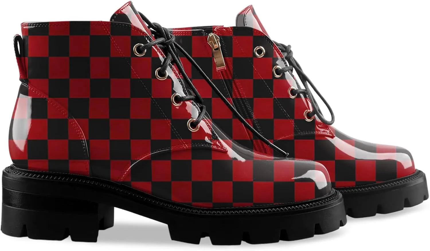 Lug Sole Chunky Heel Short Combat Boots Fashion Ankle Booties Low Heeled Platform Black Oxford Shoes with Side Zipper and Lace Up for Women Ladies Cute