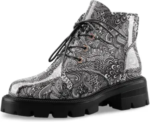 Lug Sole Chunky Heel Short Combat Boots Fashion Ankle Booties Low Heeled Platform Black Oxford Shoes with Side Zipper and Lace Up for Women Ladies Cute