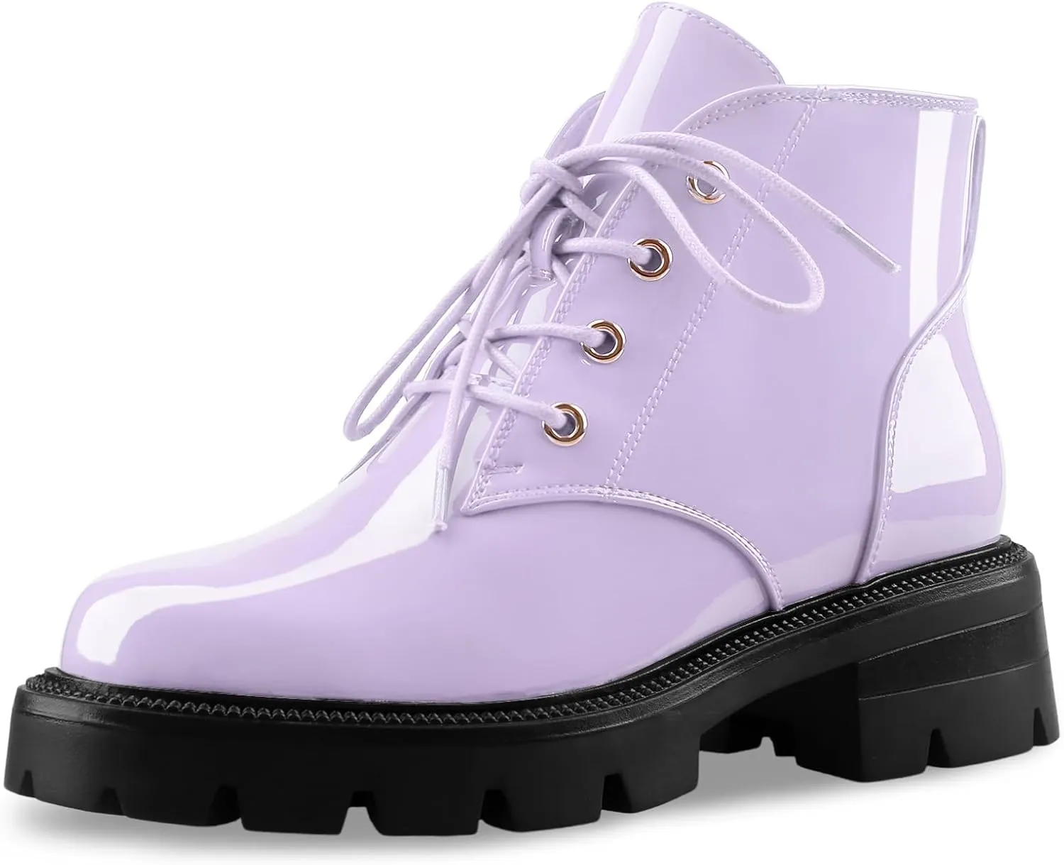 Lug Sole Chunky Heel Short Combat Boots Fashion Ankle Booties Low Heeled Platform Black Oxford Shoes with Side Zipper and Lace Up for Women Ladies Cute