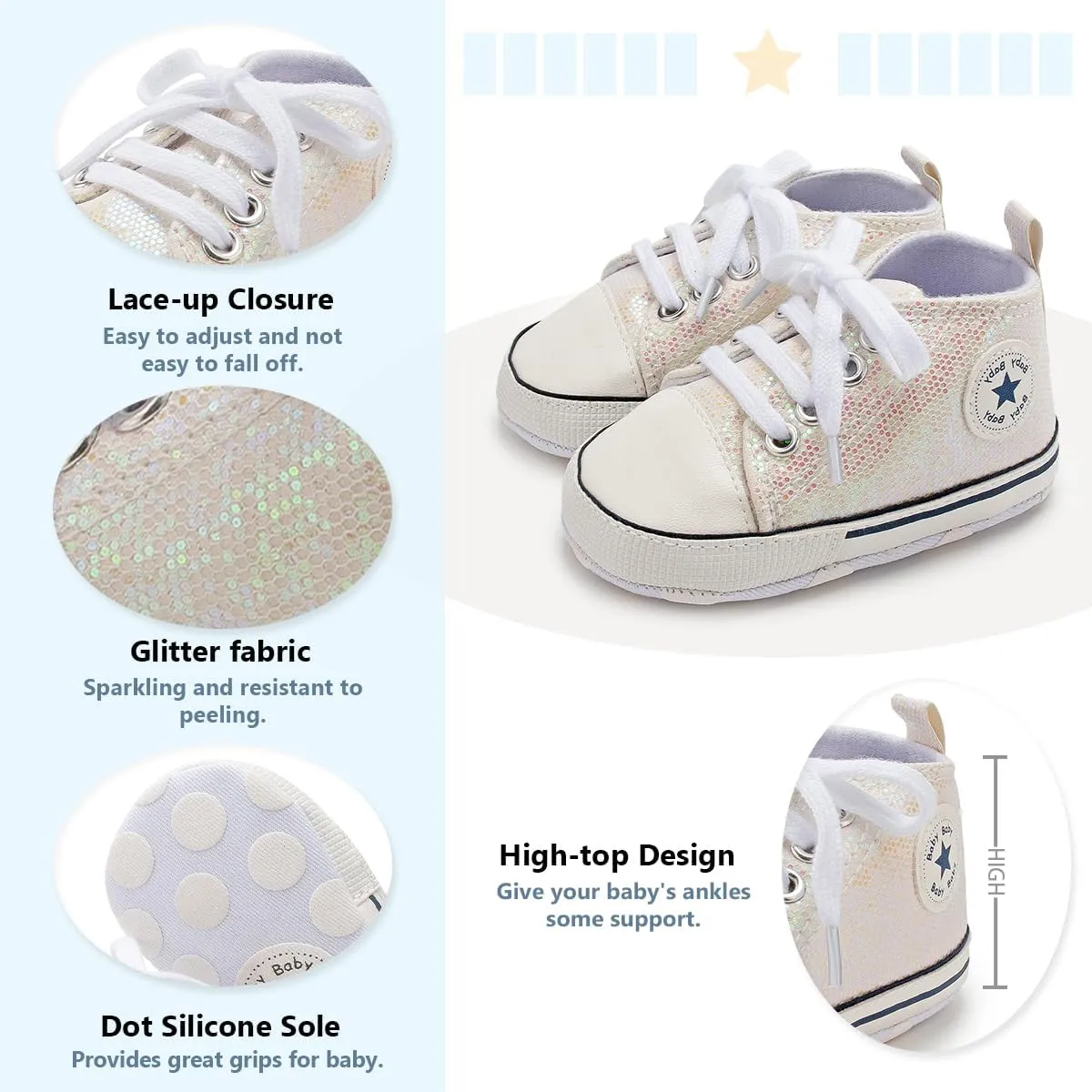 Meckior Baby Girls Boys Canvas Sneakers Soft Sole High-Top Ankle Infant First Walkers Crib Shoes