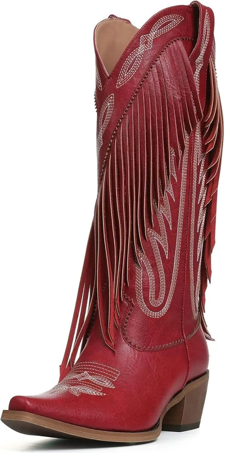 Meefit Fringe Cowboy Boots for women Knee High Cowgirl Boots Embroidery Shoes Chunky Heel Pull On Retro Country Boots,Vintage Classic Tall Boots for Ladies