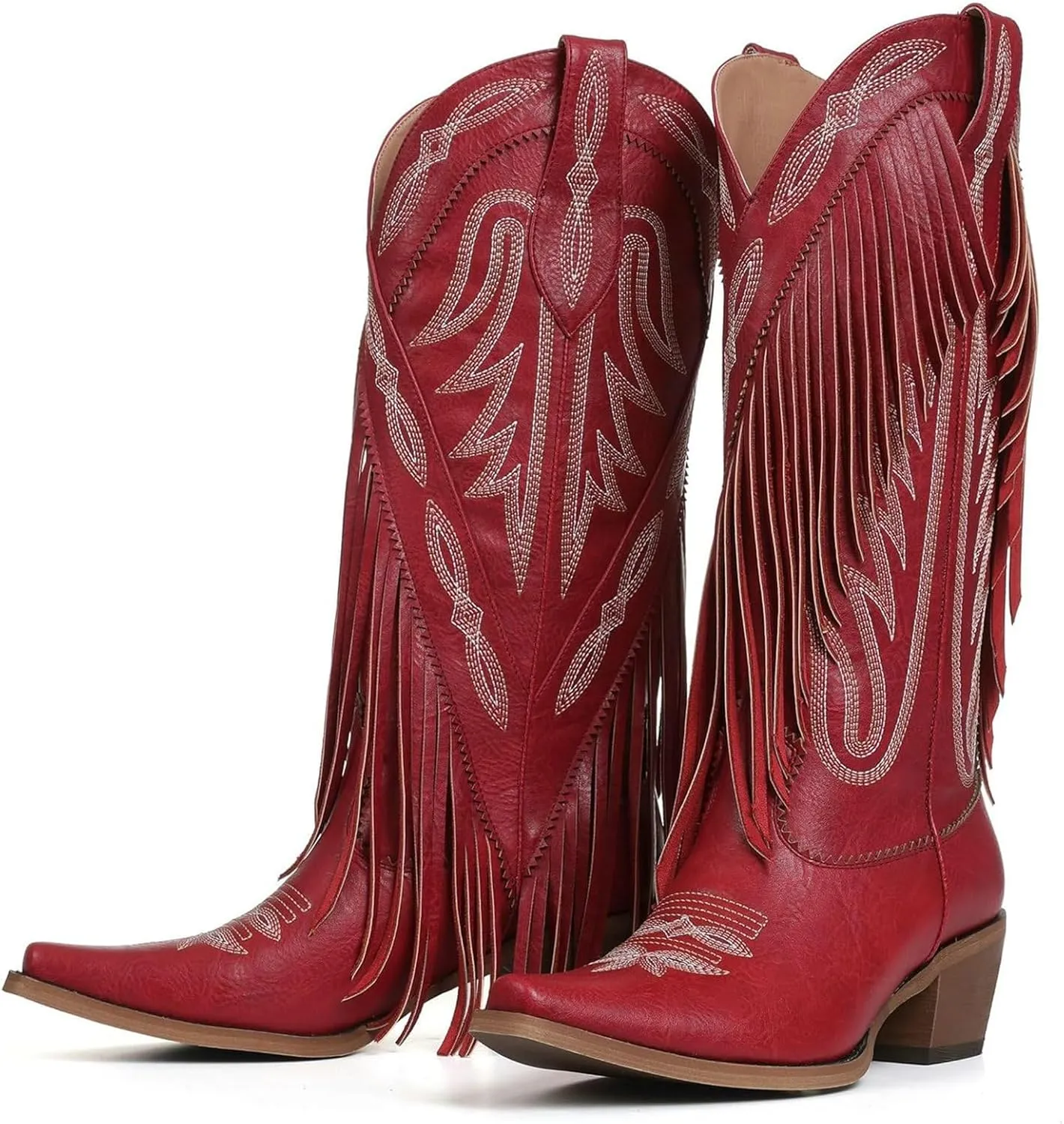 Meefit Fringe Cowboy Boots for women Knee High Cowgirl Boots Embroidery Shoes Chunky Heel Pull On Retro Country Boots,Vintage Classic Tall Boots for Ladies