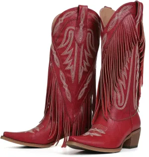 Meefit Fringe Cowboy Boots for women Knee High Cowgirl Boots Embroidery Shoes Chunky Heel Pull On Retro Country Boots,Vintage Classic Tall Boots for Ladies