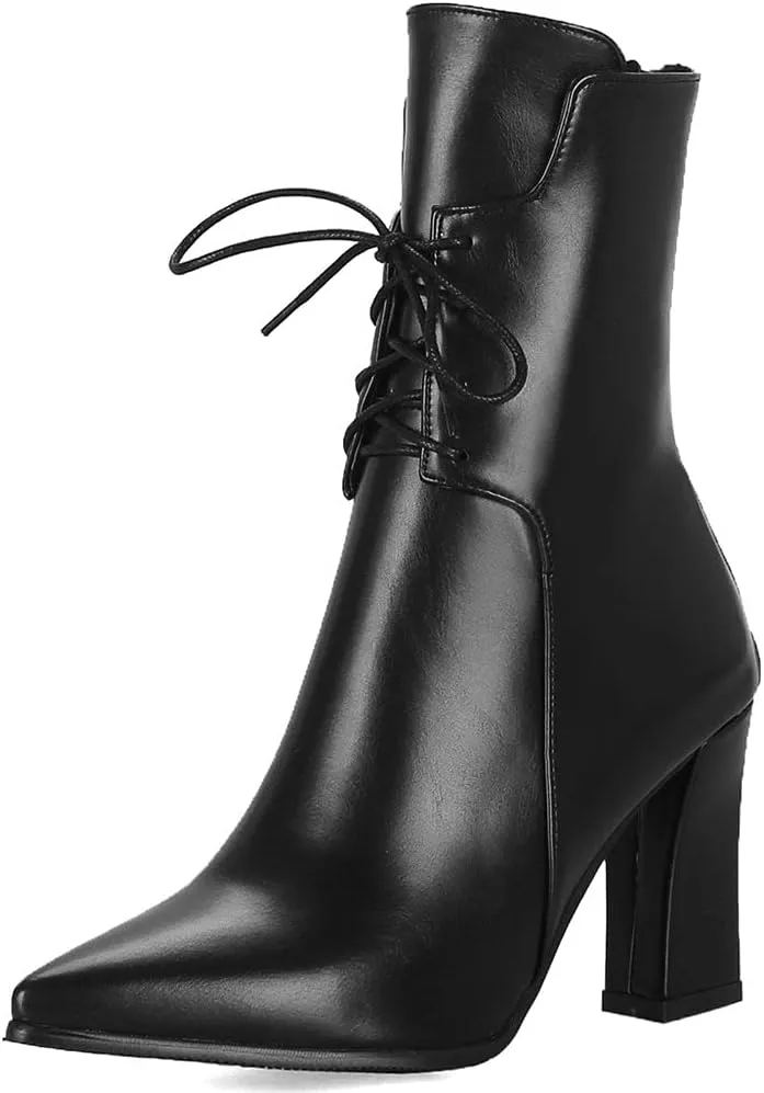 Meefit Women Chunky Heel Pointed Toe Ankle Boots Patent Leather Booties with Zip