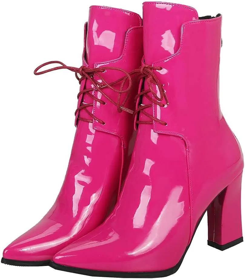 Meefit Women Chunky Heel Pointed Toe Ankle Boots Patent Leather Booties with Zip