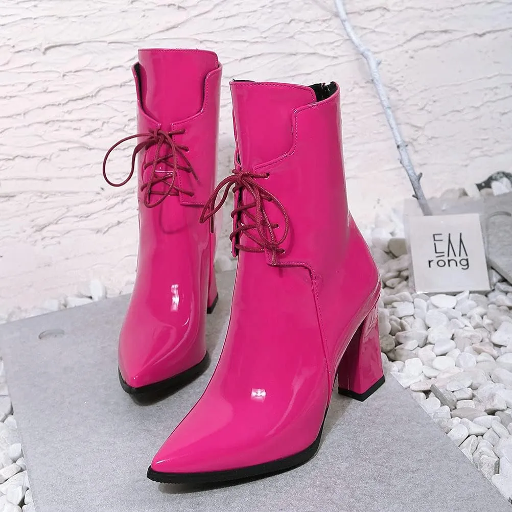 Meefit Women Chunky Heel Pointed Toe Ankle Boots Patent Leather Booties with Zip