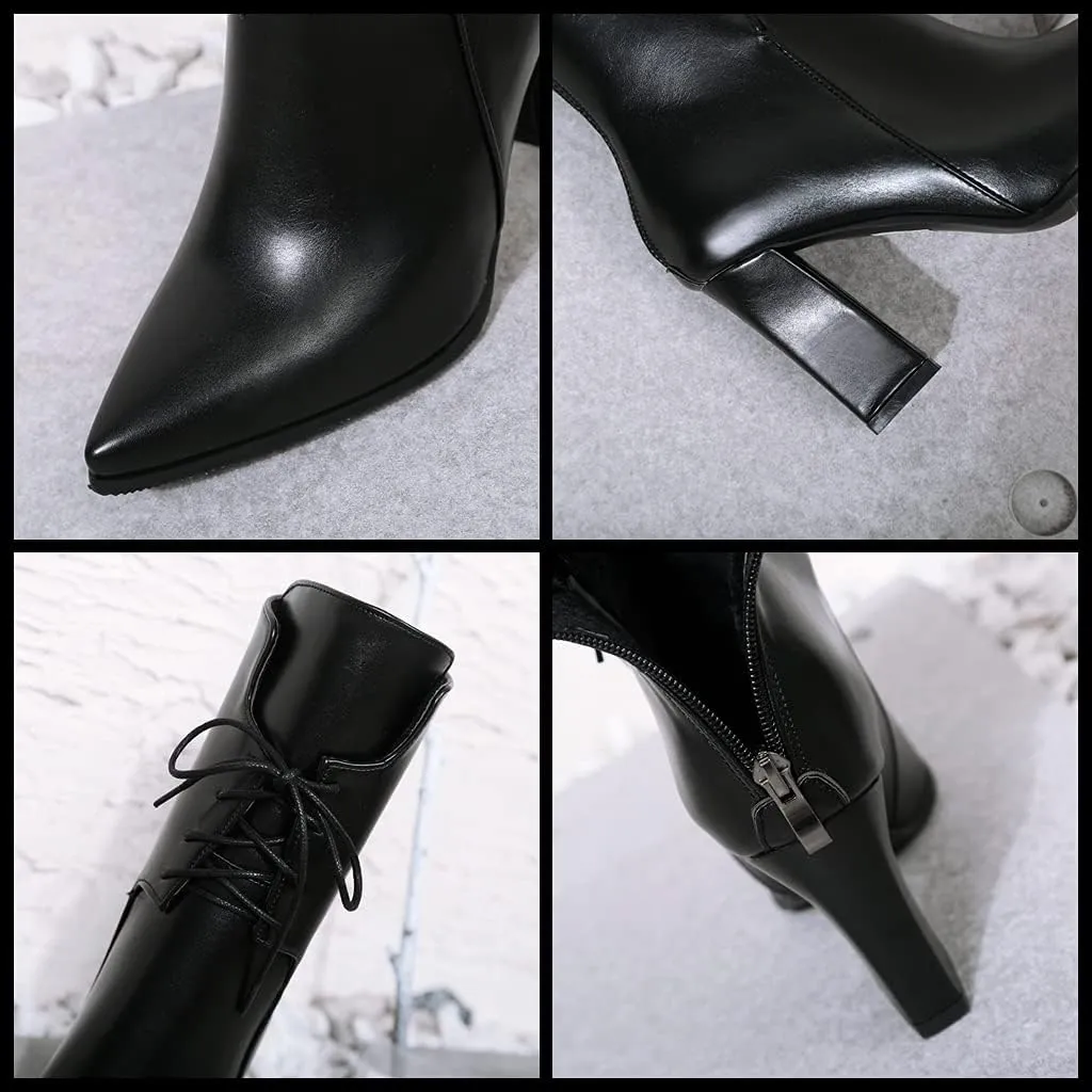 Meefit Women Chunky Heel Pointed Toe Ankle Boots Patent Leather Booties with Zip