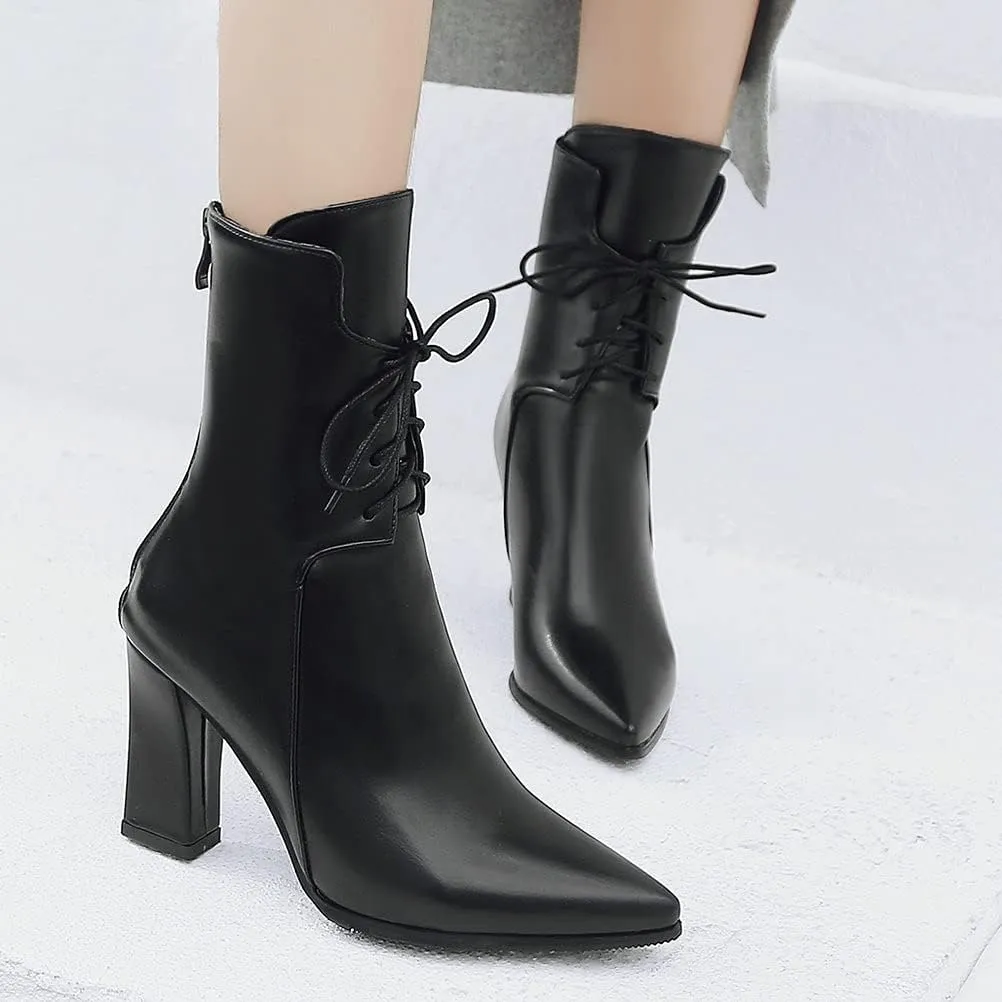 Meefit Women Chunky Heel Pointed Toe Ankle Boots Patent Leather Booties with Zip