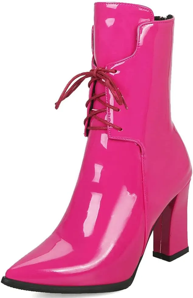 Meefit Women Chunky Heel Pointed Toe Ankle Boots Patent Leather Booties with Zip