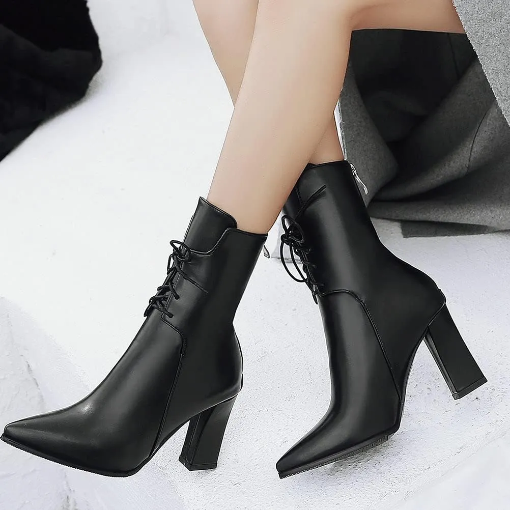 Meefit Women Chunky Heel Pointed Toe Ankle Boots Patent Leather Booties with Zip