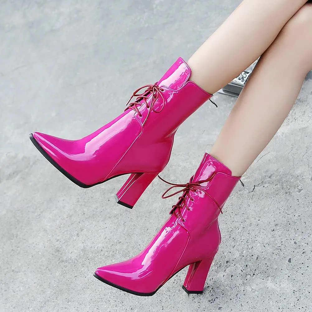 Meefit Women Chunky Heel Pointed Toe Ankle Boots Patent Leather Booties with Zip