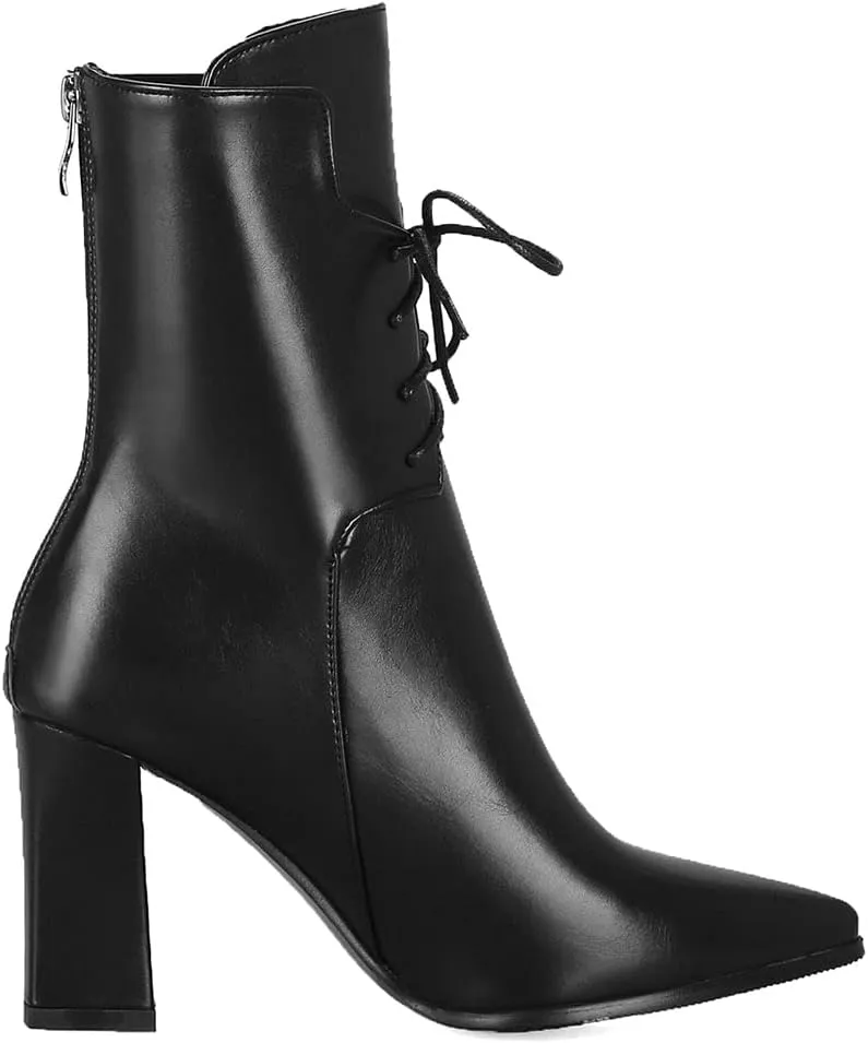Meefit Women Chunky Heel Pointed Toe Ankle Boots Patent Leather Booties with Zip