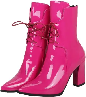Meefit Women Chunky Heel Pointed Toe Ankle Boots Patent Leather Booties with Zip
