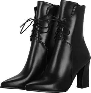 Meefit Women Chunky Heel Pointed Toe Ankle Boots Patent Leather Booties with Zip