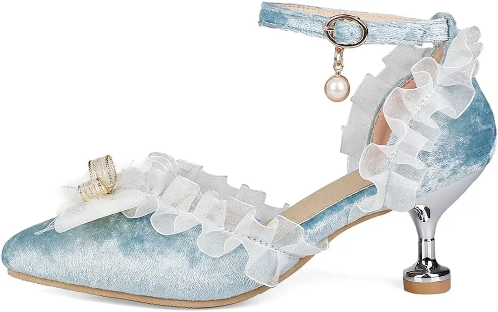 Meefit Women Cute Lolita Shoes Pointed Toe Kitten Heel Pumps Ankle Strap Low Heel Wedding Pumps