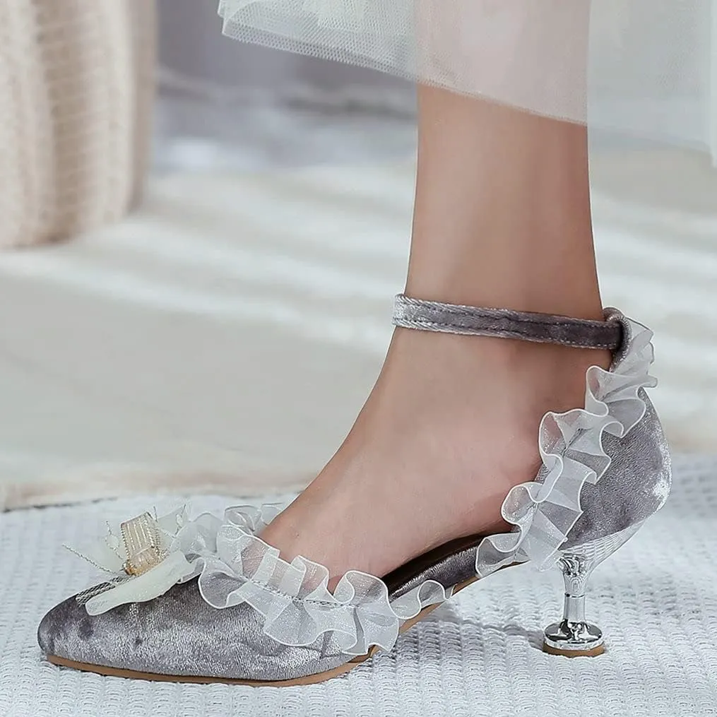 Meefit Women Cute Lolita Shoes Pointed Toe Kitten Heel Pumps Ankle Strap Low Heel Wedding Pumps