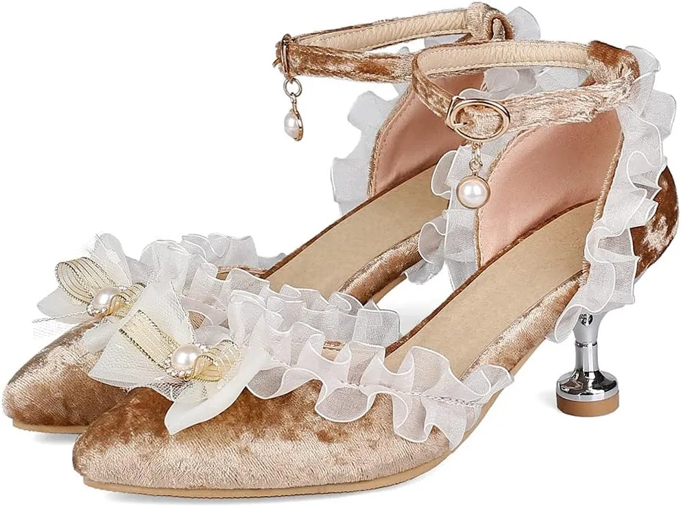 Meefit Women Cute Lolita Shoes Pointed Toe Kitten Heel Pumps Ankle Strap Low Heel Wedding Pumps