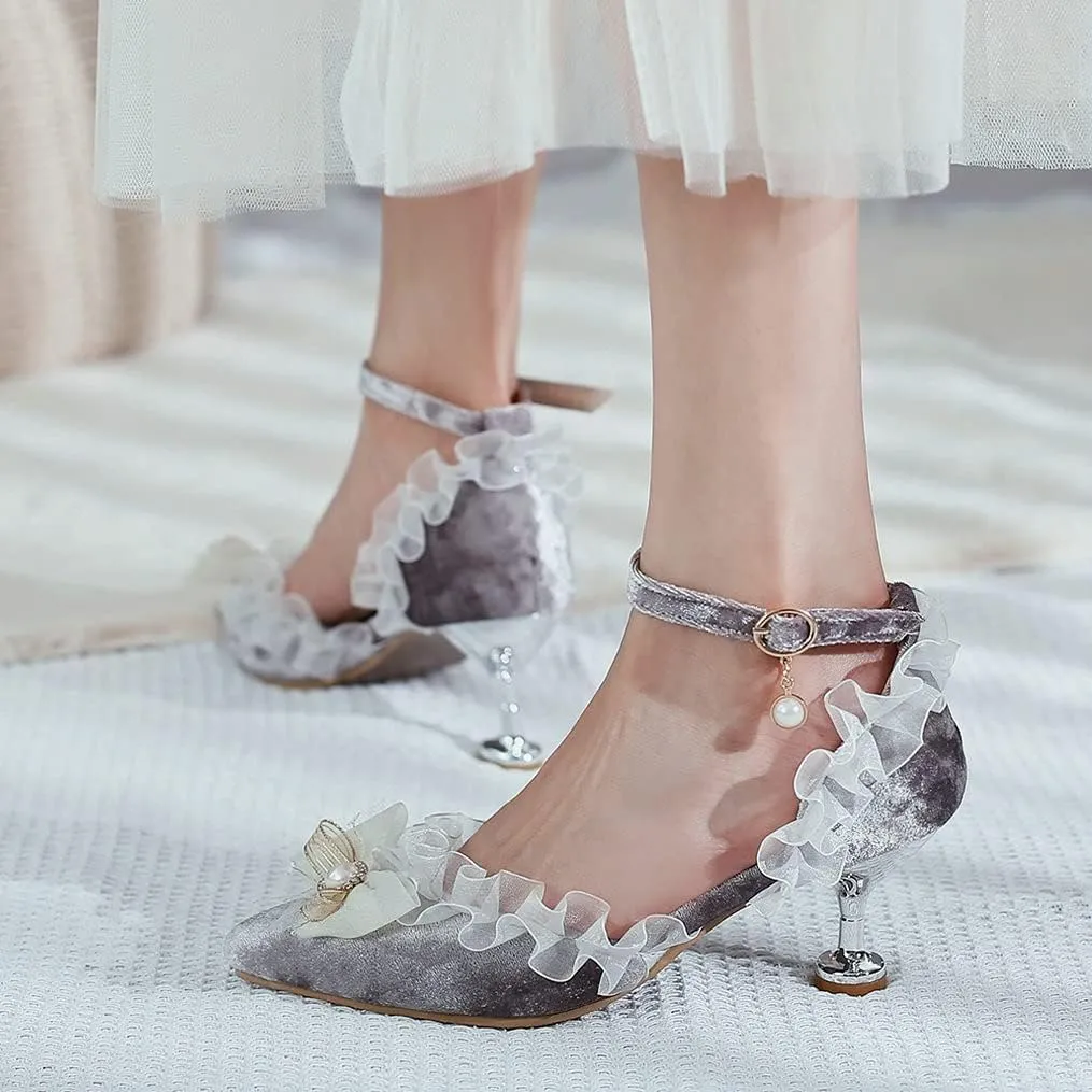 Meefit Women Cute Lolita Shoes Pointed Toe Kitten Heel Pumps Ankle Strap Low Heel Wedding Pumps