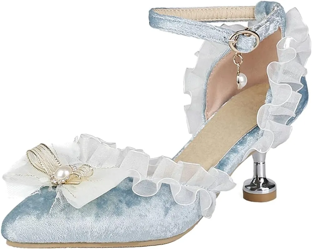 Meefit Women Cute Lolita Shoes Pointed Toe Kitten Heel Pumps Ankle Strap Low Heel Wedding Pumps
