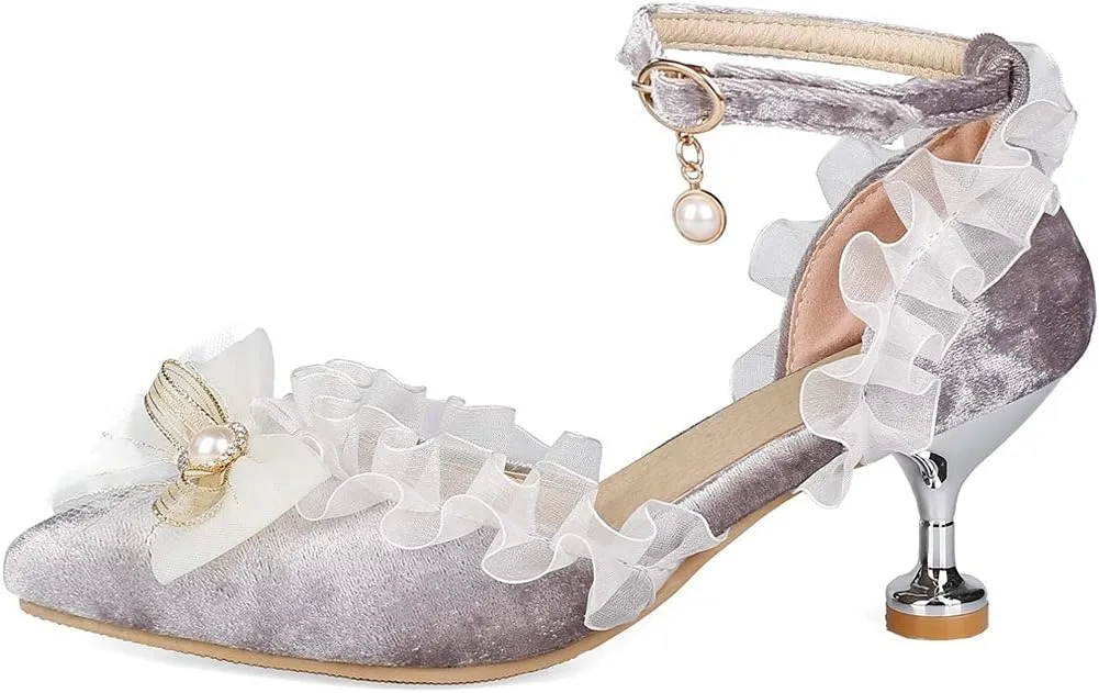 Meefit Women Cute Lolita Shoes Pointed Toe Kitten Heel Pumps Ankle Strap Low Heel Wedding Pumps