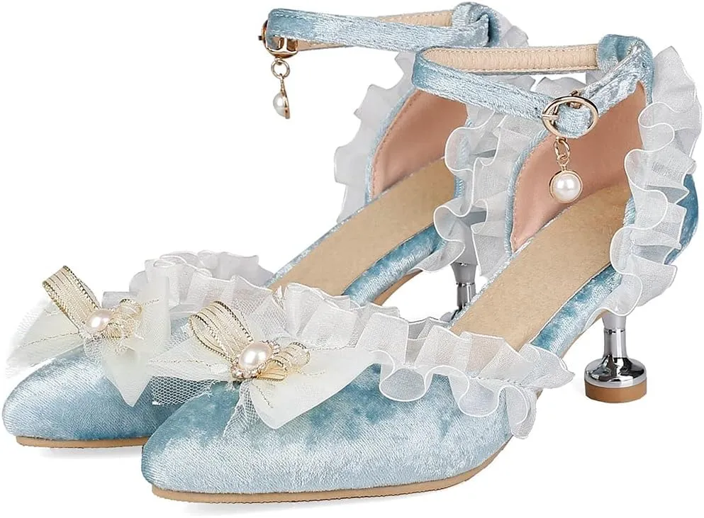 Meefit Women Cute Lolita Shoes Pointed Toe Kitten Heel Pumps Ankle Strap Low Heel Wedding Pumps