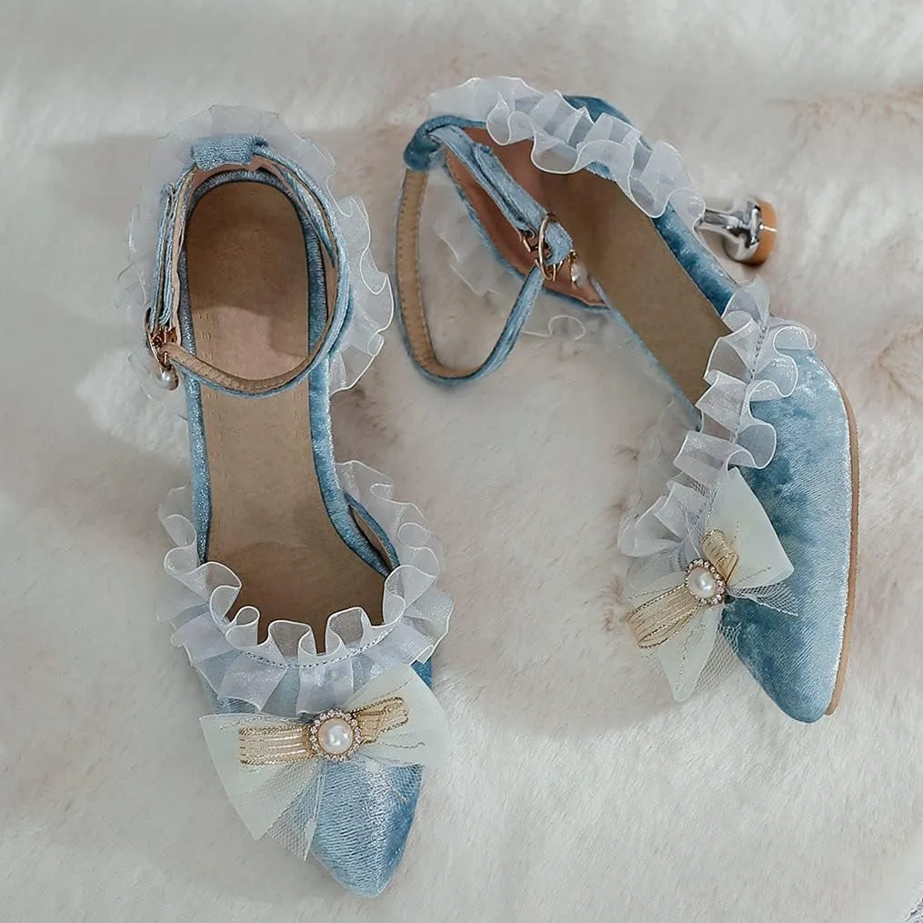 Meefit Women Cute Lolita Shoes Pointed Toe Kitten Heel Pumps Ankle Strap Low Heel Wedding Pumps