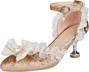 Meefit Women Cute Lolita Shoes Pointed Toe Kitten Heel Pumps Ankle Strap Low Heel Wedding Pumps