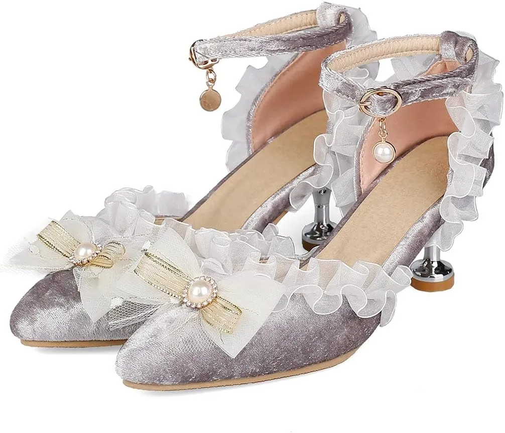 Meefit Women Cute Lolita Shoes Pointed Toe Kitten Heel Pumps Ankle Strap Low Heel Wedding Pumps