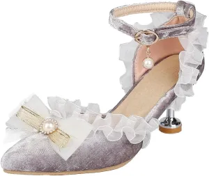 Meefit Women Cute Lolita Shoes Pointed Toe Kitten Heel Pumps Ankle Strap Low Heel Wedding Pumps