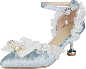 Meefit Women Cute Lolita Shoes Pointed Toe Kitten Heel Pumps Ankle Strap Low Heel Wedding Pumps