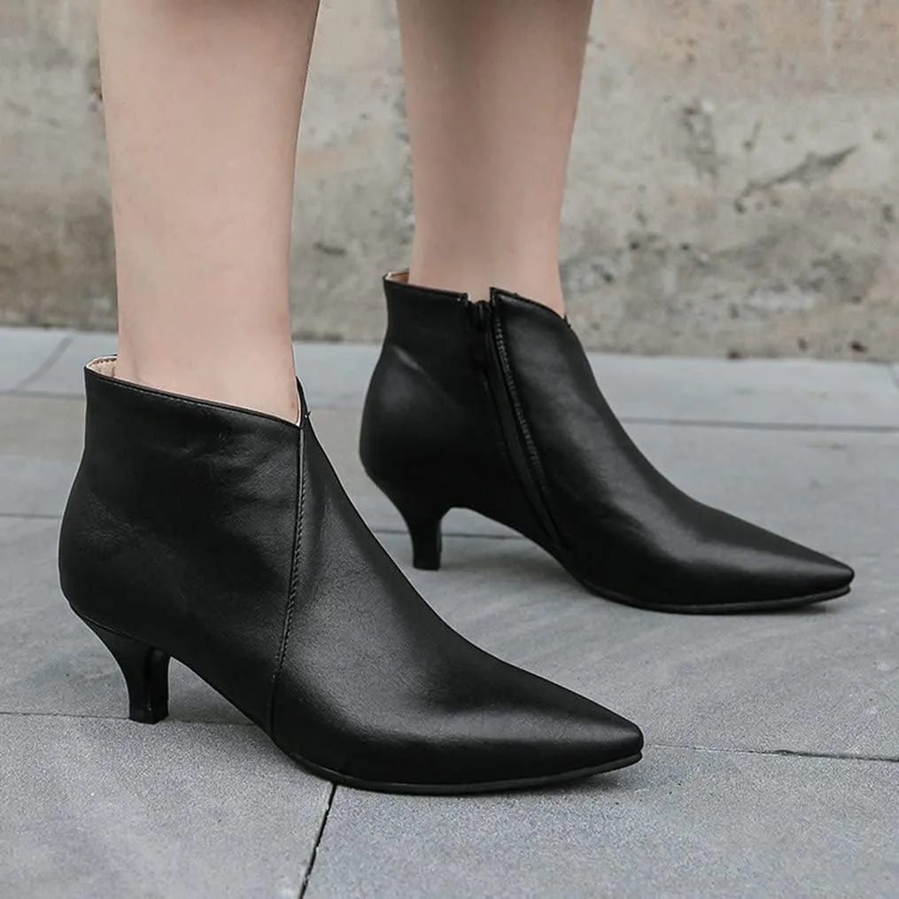 Meefit Women Low Kitten Heel Booties Pointed Toe Side Zip Ankle Boots