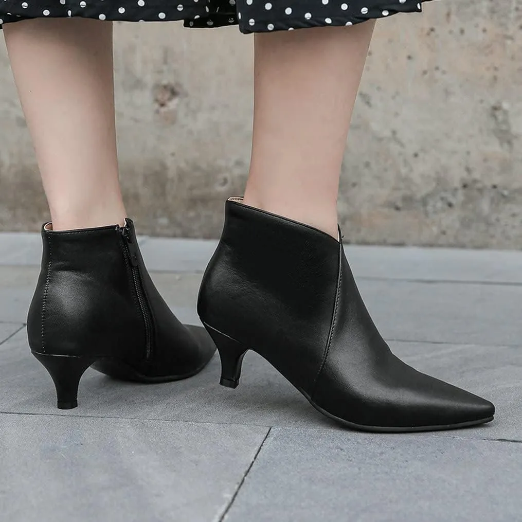 Meefit Women Low Kitten Heel Booties Pointed Toe Side Zip Ankle Boots