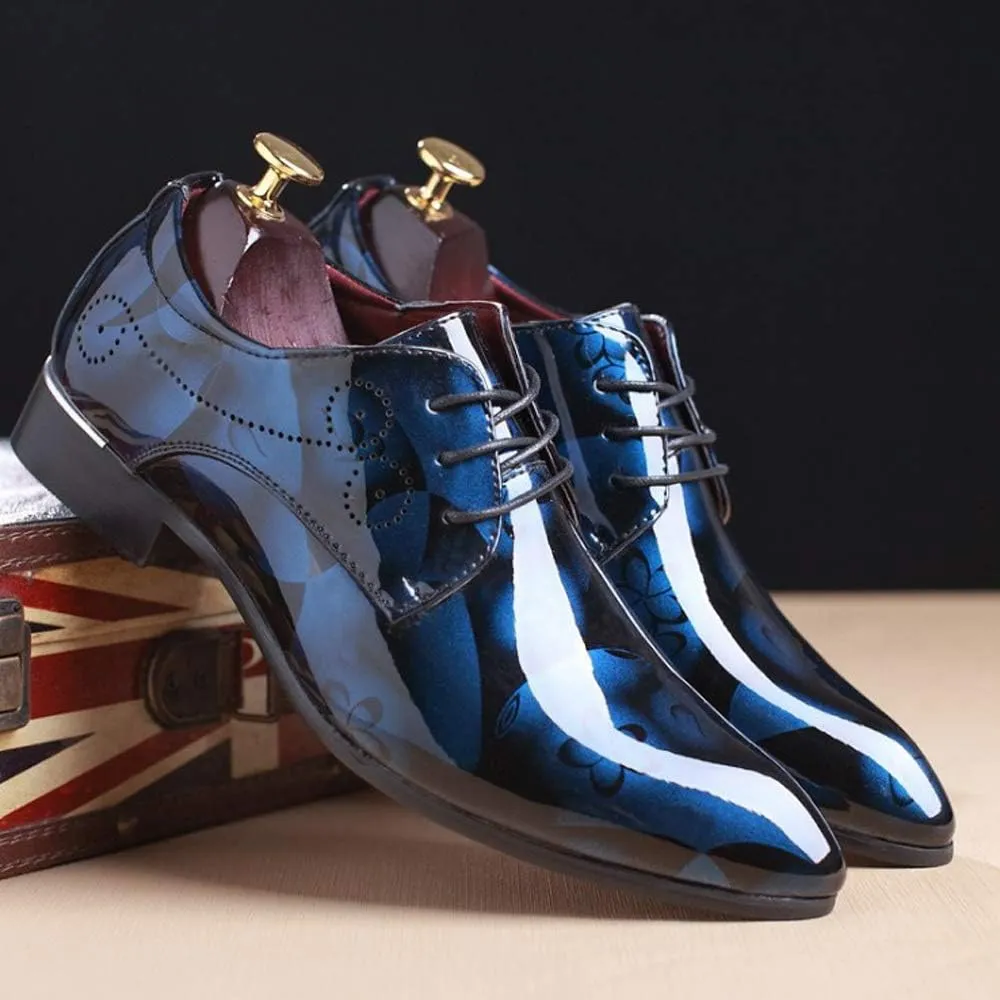 Men Fashion Dress Business Shoe Pointed Toe Floral Patent Leather Lace Up Oxford Black Brown Red Grey