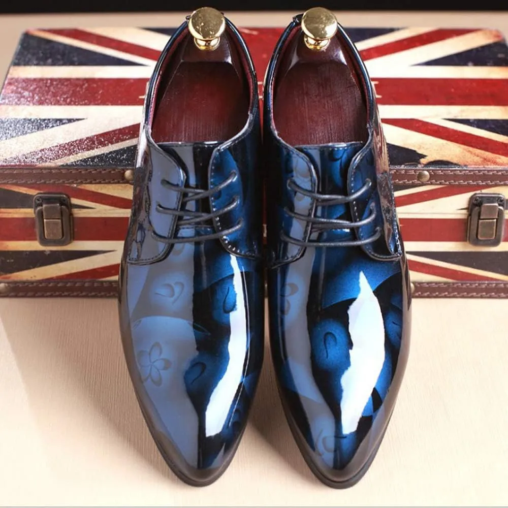 Men Fashion Dress Business Shoe Pointed Toe Floral Patent Leather Lace Up Oxford Black Brown Red Grey