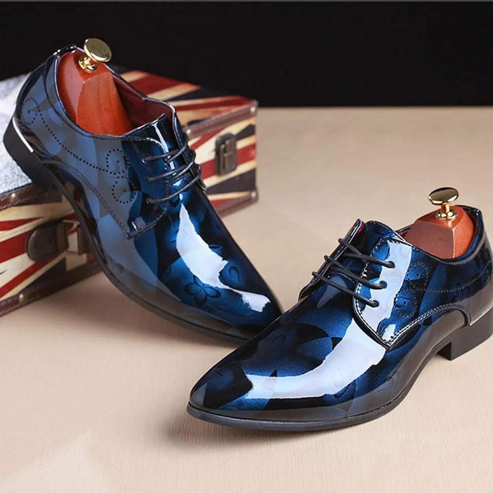 Men Fashion Dress Business Shoe Pointed Toe Floral Patent Leather Lace Up Oxford Black Brown Red Grey
