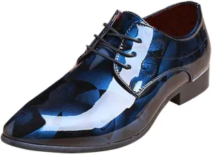 Men Fashion Dress Business Shoe Pointed Toe Floral Patent Leather Lace Up Oxford Black Brown Red Grey