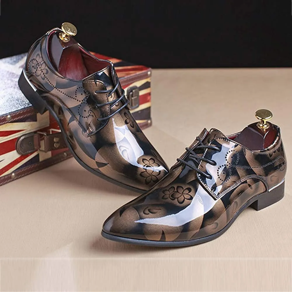 Men Fashion Dress Business Shoe Pointed Toe Floral Patent Leather Lace Up Oxford Black Brown Red Grey