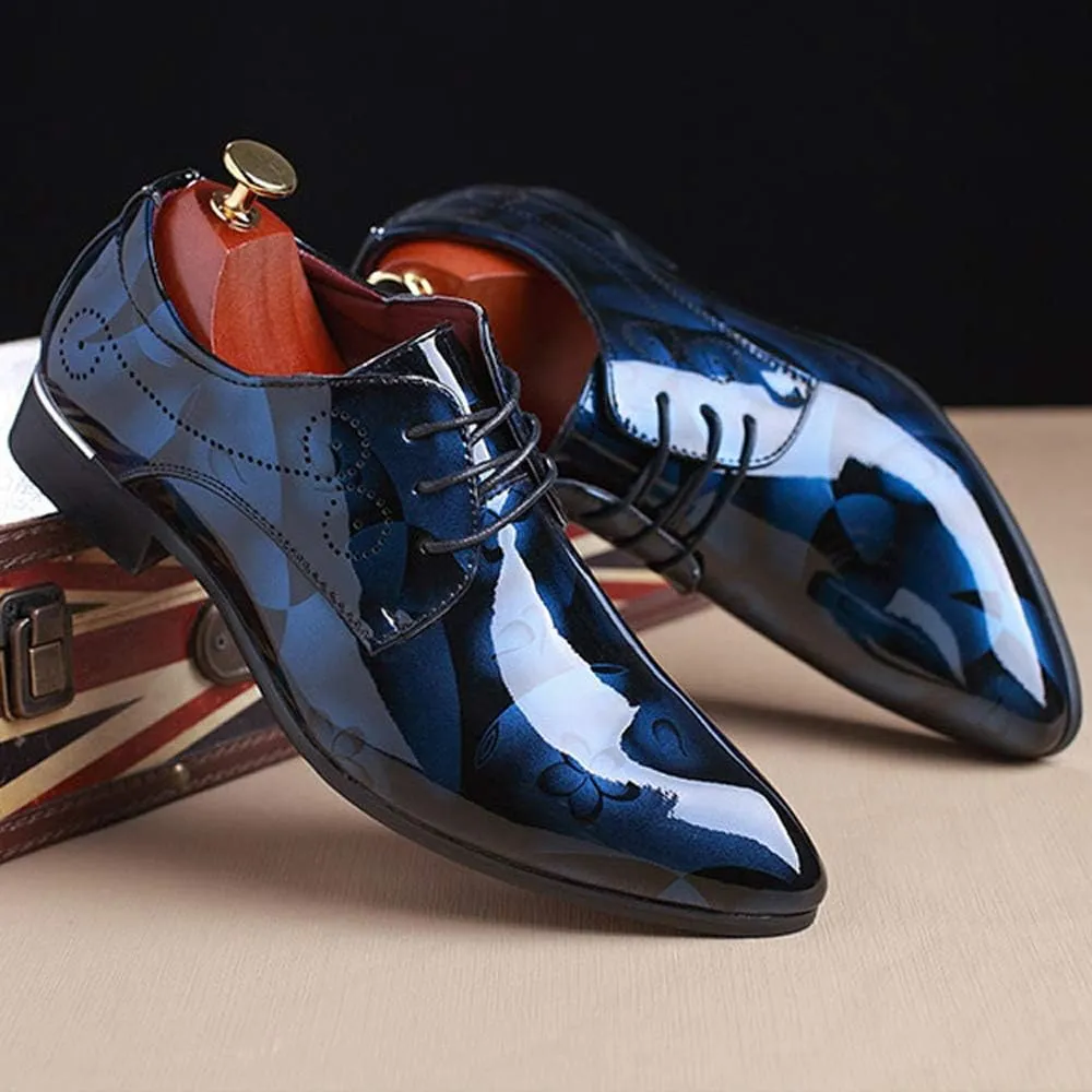 Men Fashion Dress Business Shoe Pointed Toe Floral Patent Leather Lace Up Oxford Black Brown Red Grey