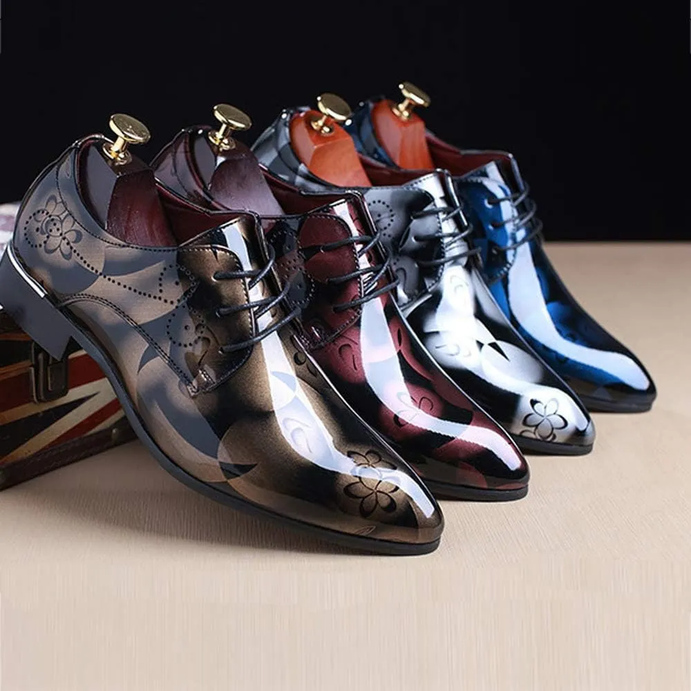 Men Fashion Dress Business Shoe Pointed Toe Floral Patent Leather Lace Up Oxford Black Brown Red Grey
