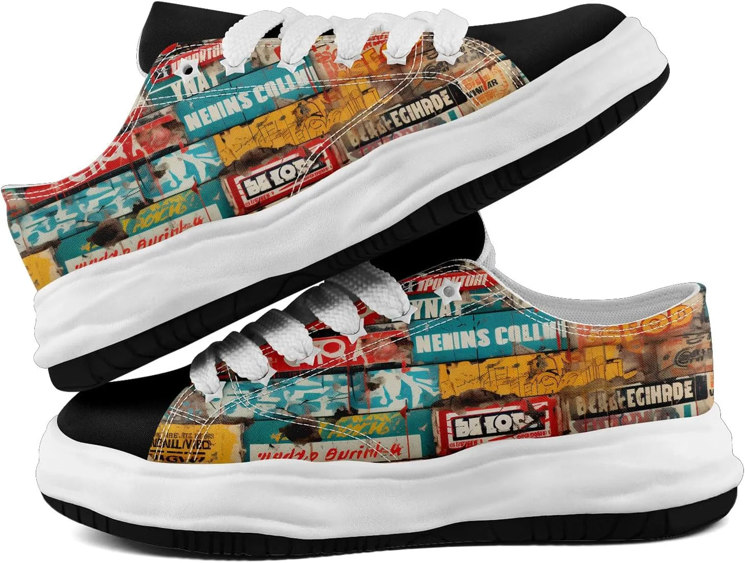 Mens Graffiti Canvas Sneakers Colorful Casual Low Top Lace-Up Canvas Shoes for Women Abstract Street Art Design