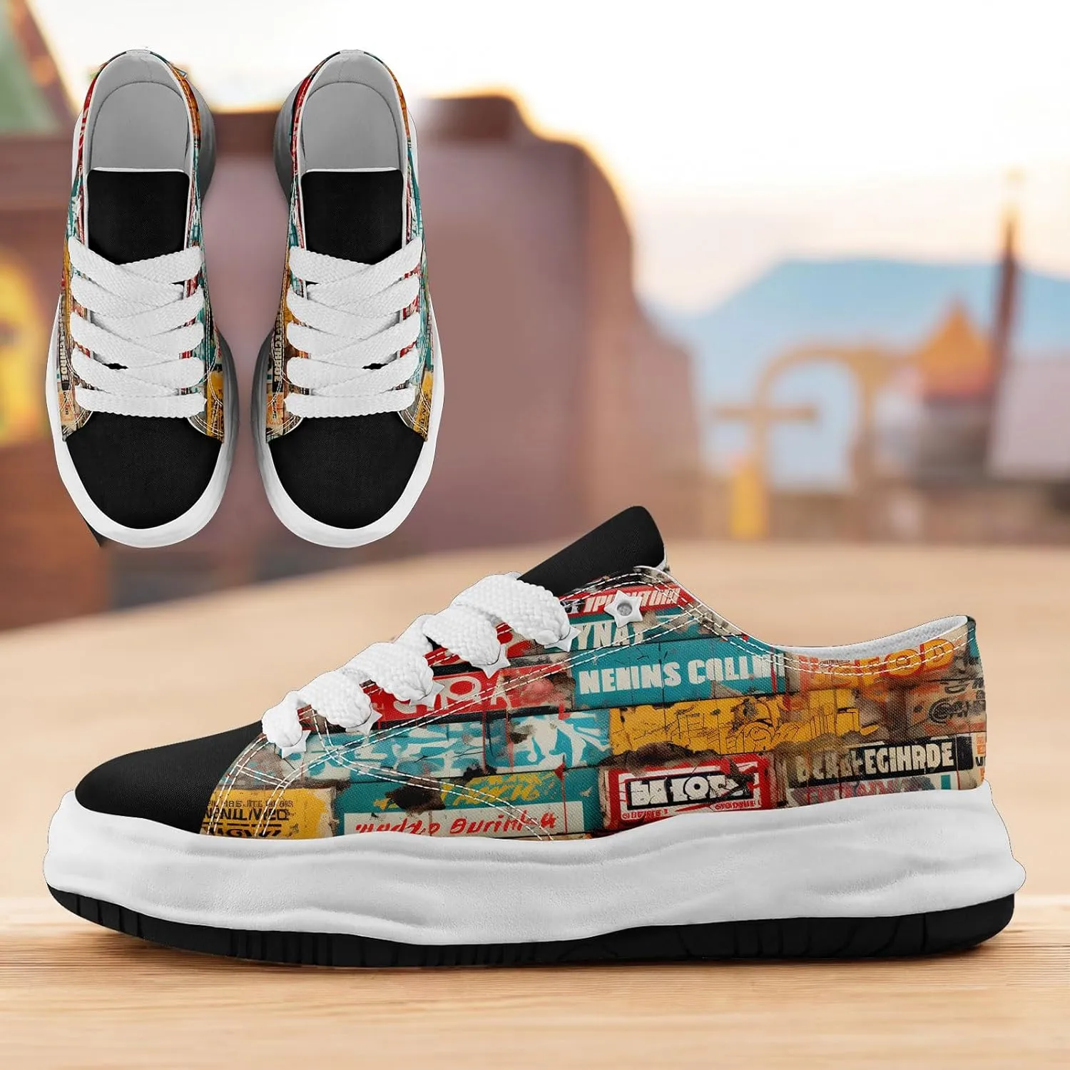 Mens Graffiti Canvas Sneakers Colorful Casual Low Top Lace-Up Canvas Shoes for Women Abstract Street Art Design