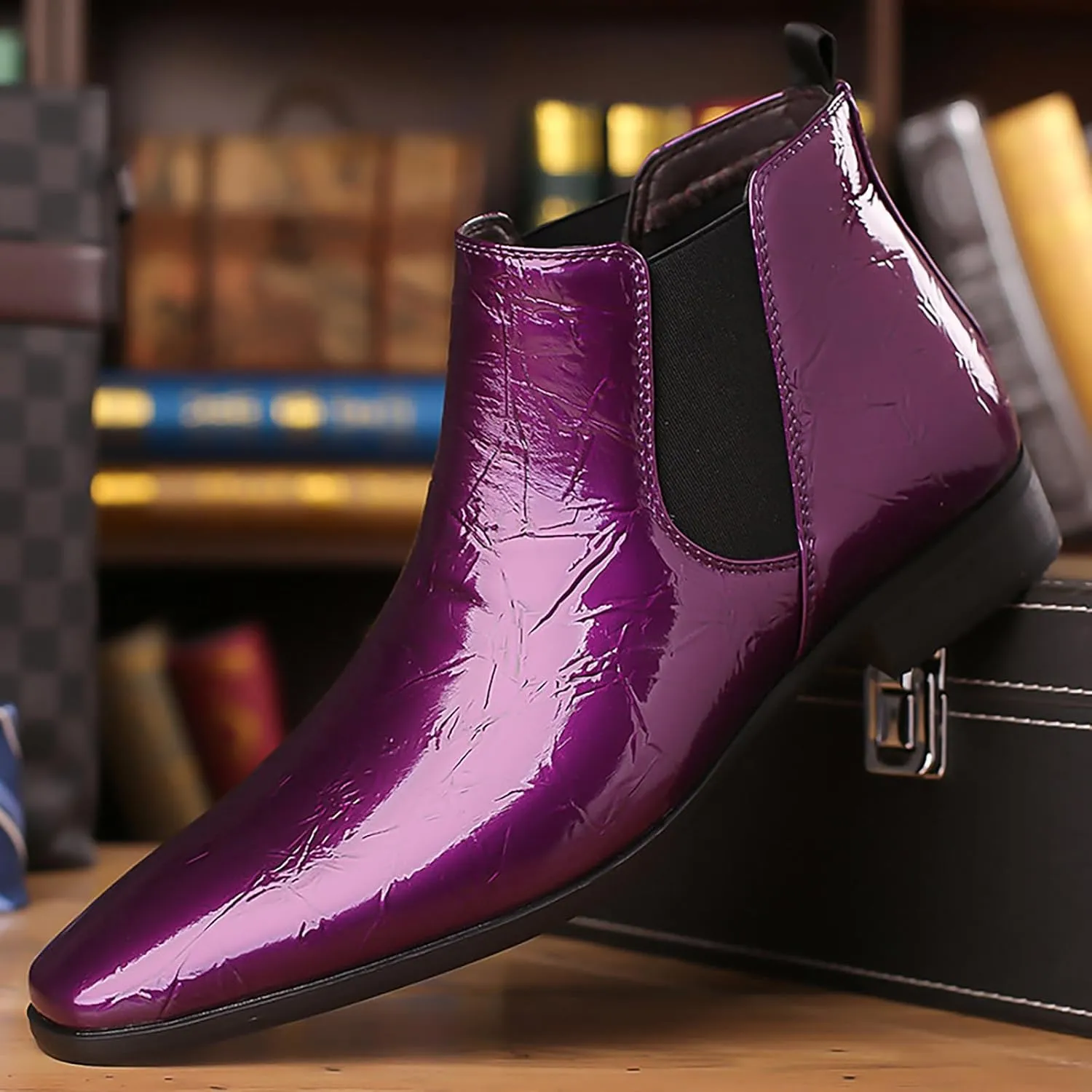 Men's Patent Leather Low Chunky Heel Chelsea Boots Fashion High Gloss Slip-on Business Dress Oxford Boots for Wedding Prom Party Business Work