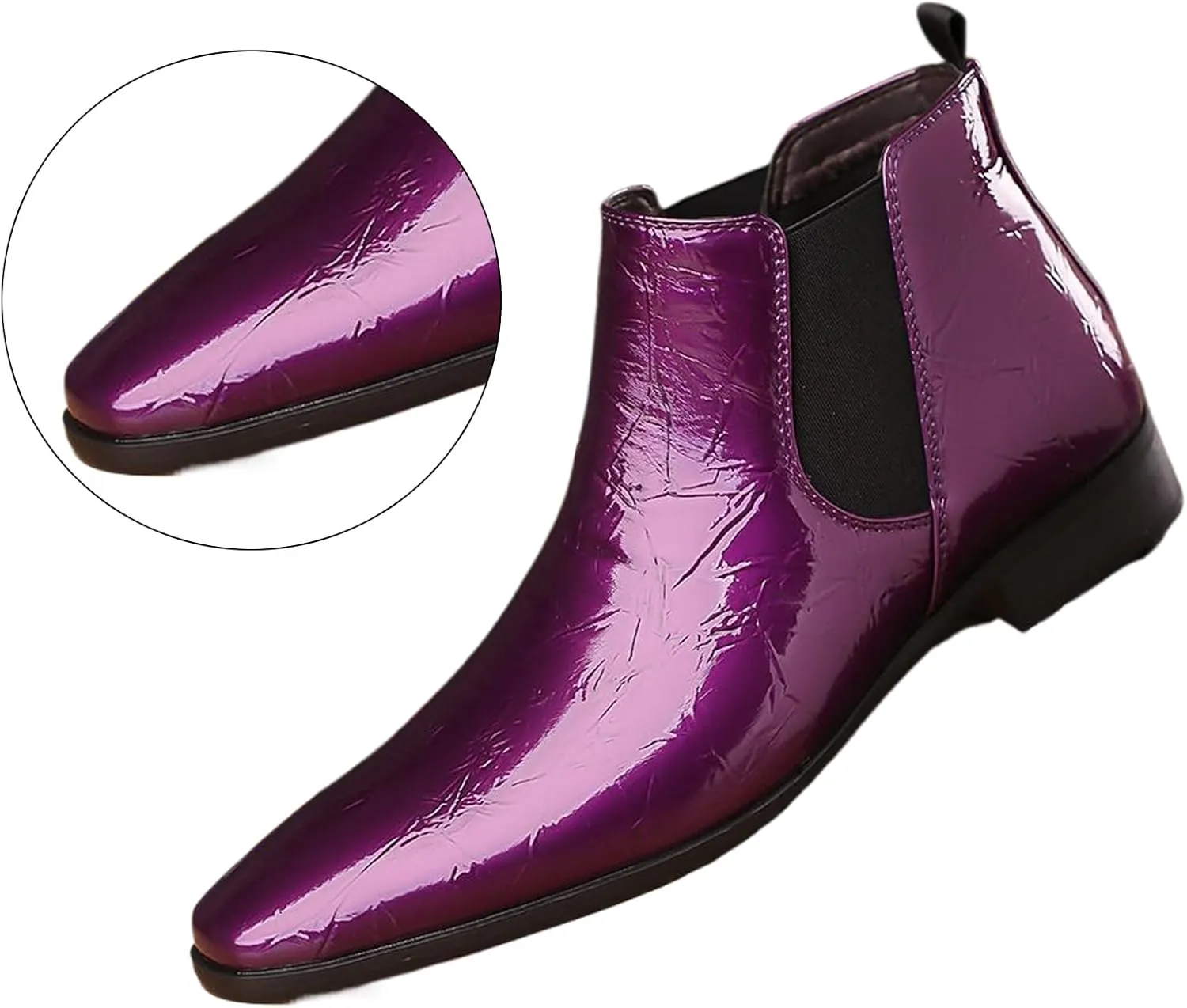 Men's Patent Leather Low Chunky Heel Chelsea Boots Fashion High Gloss Slip-on Business Dress Oxford Boots for Wedding Prom Party Business Work